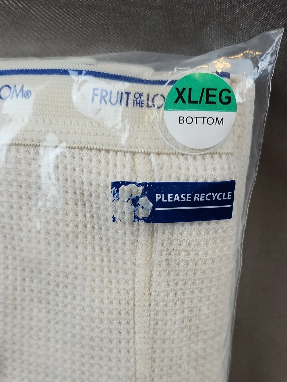 Vintage 2010 Fruit Of The Loom Thermal Crew Top & Bottom Waffle Knit Natural XL